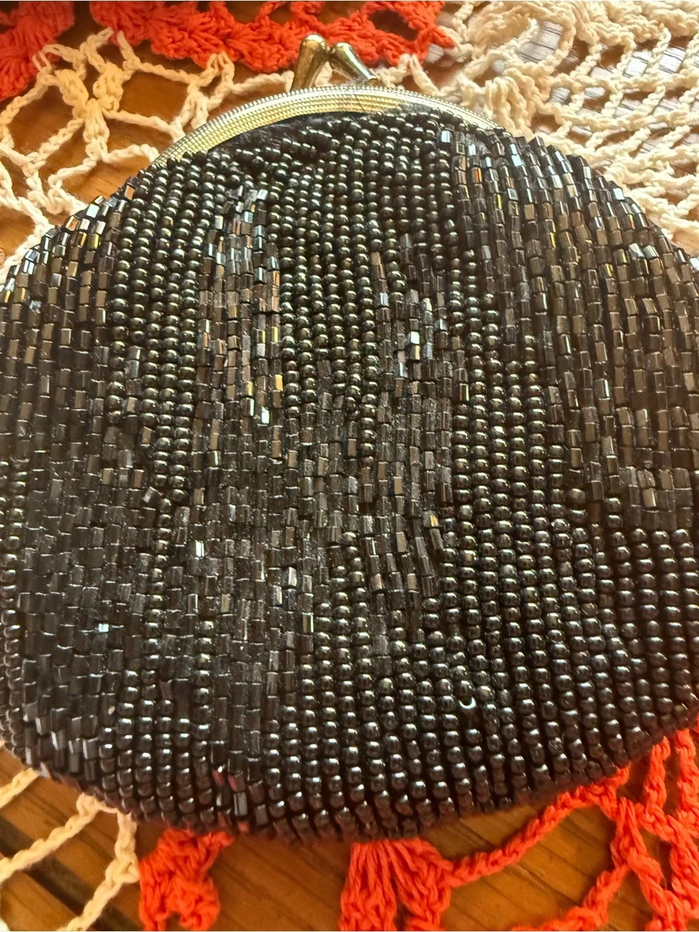 Vintage Black Hand Beaded Kiss Lock Evening Purse